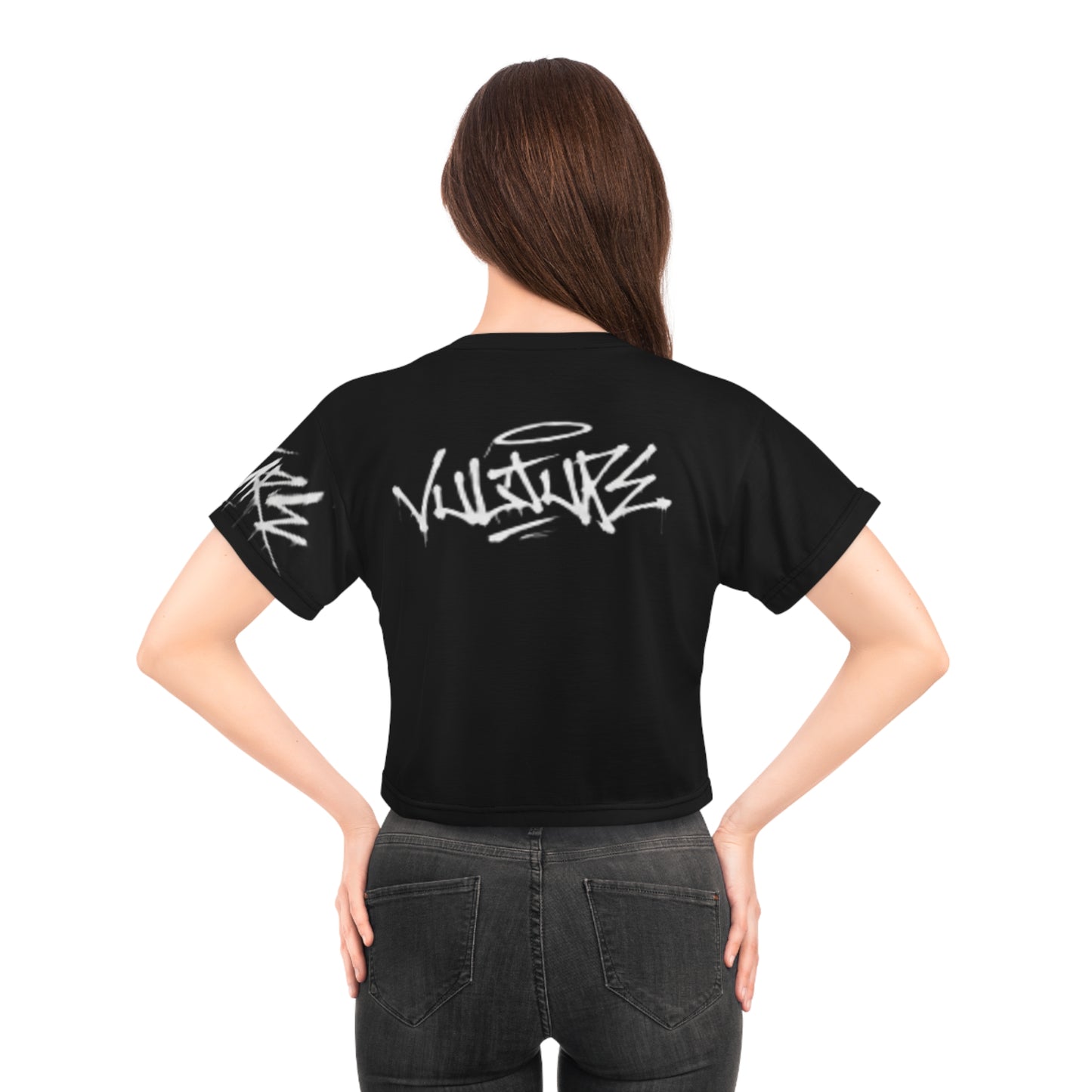 VULTURES Graffiti Crop Tee — Edgy Streetwear Black Logo Top