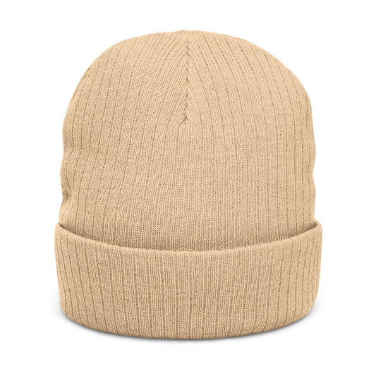 Embroidered Ribbed Beanie — Streetwear Black Knit Hat with White Graffiti Text