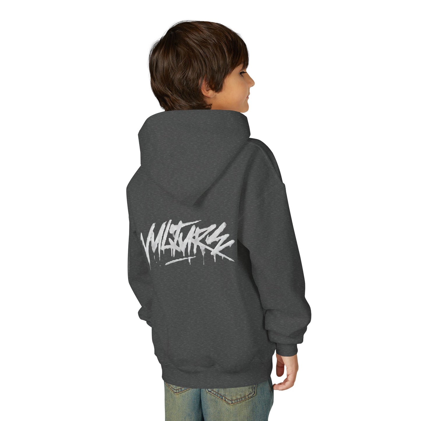 Youth Hoodie with Subtle Graffiti Logo — White Casual Pullover