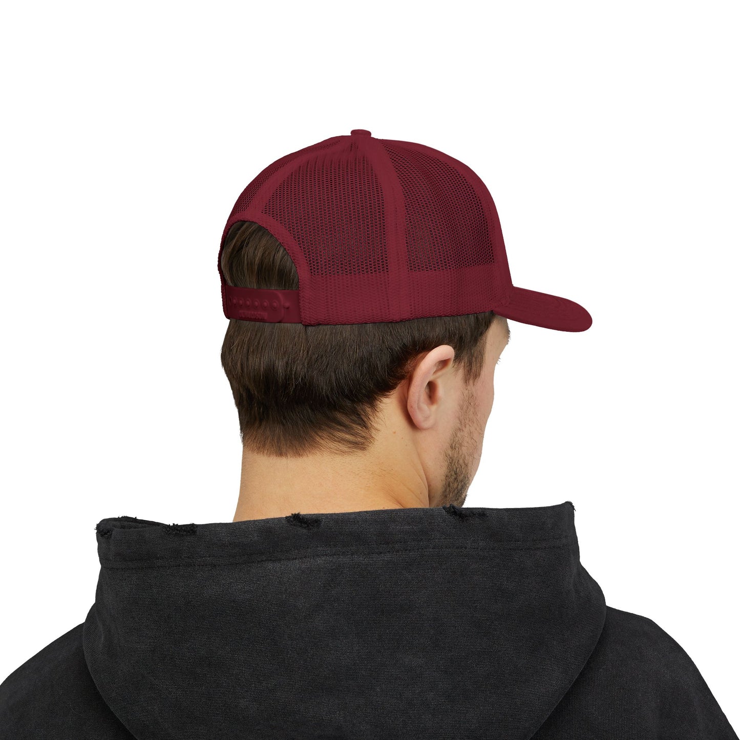 White Trucker Cap with 'Vibrate' Script Embroidery — Retro Mesh Snapback Hat
