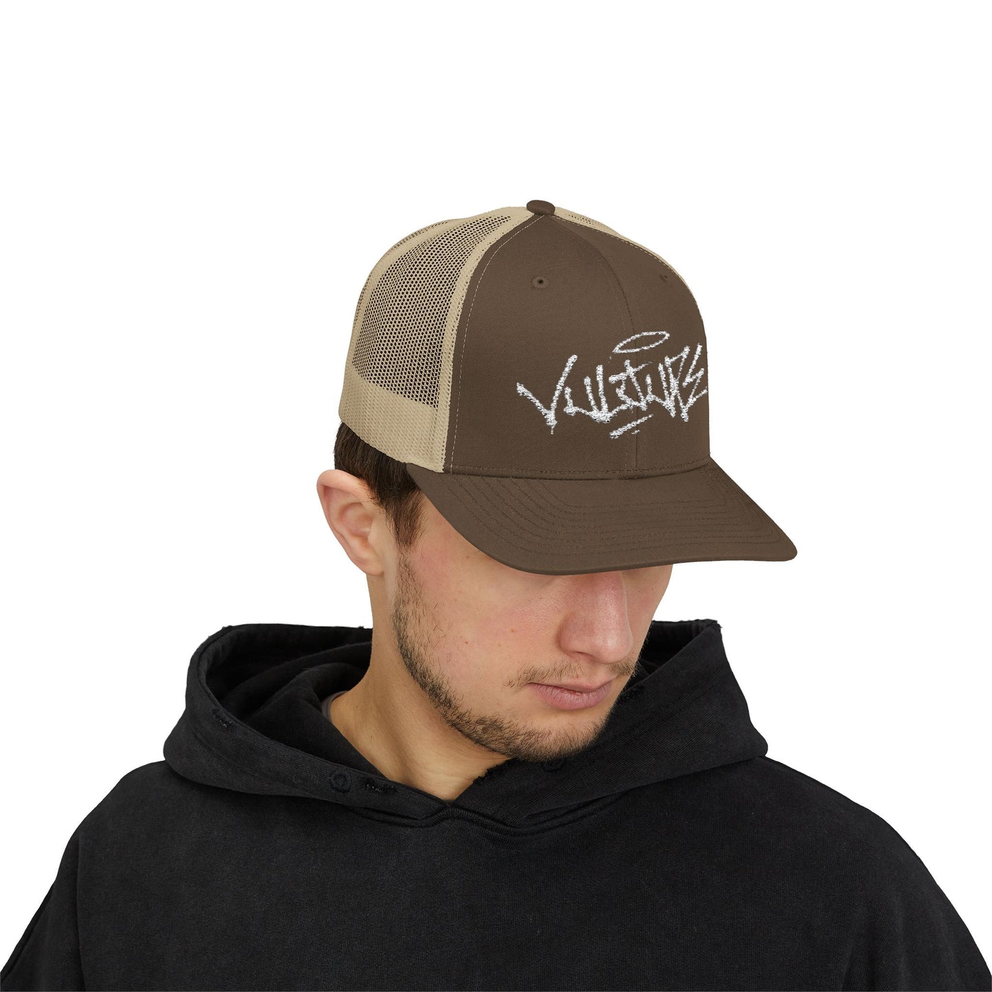 White Trucker Cap with 'Vibrate' Script Embroidery — Retro Mesh Snapback Hat
