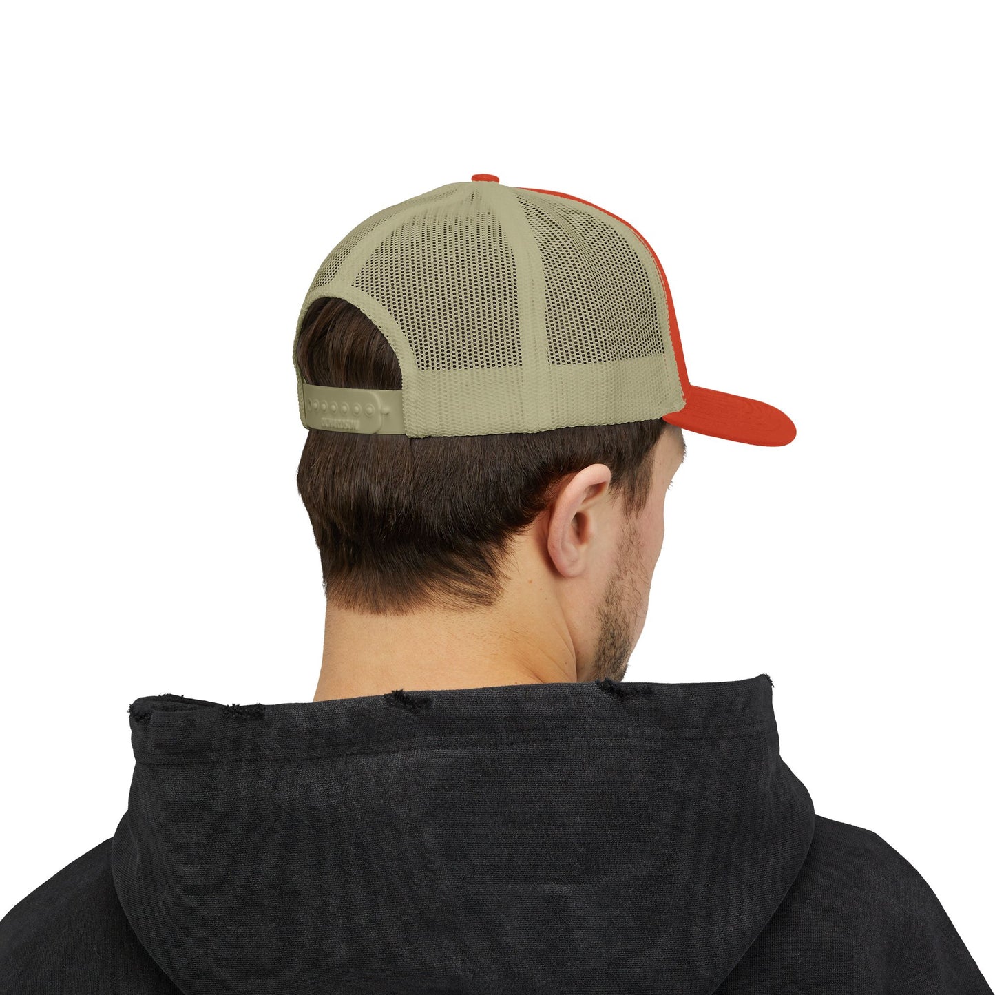 White Trucker Cap with 'Vibrate' Script Embroidery — Retro Mesh Snapback Hat