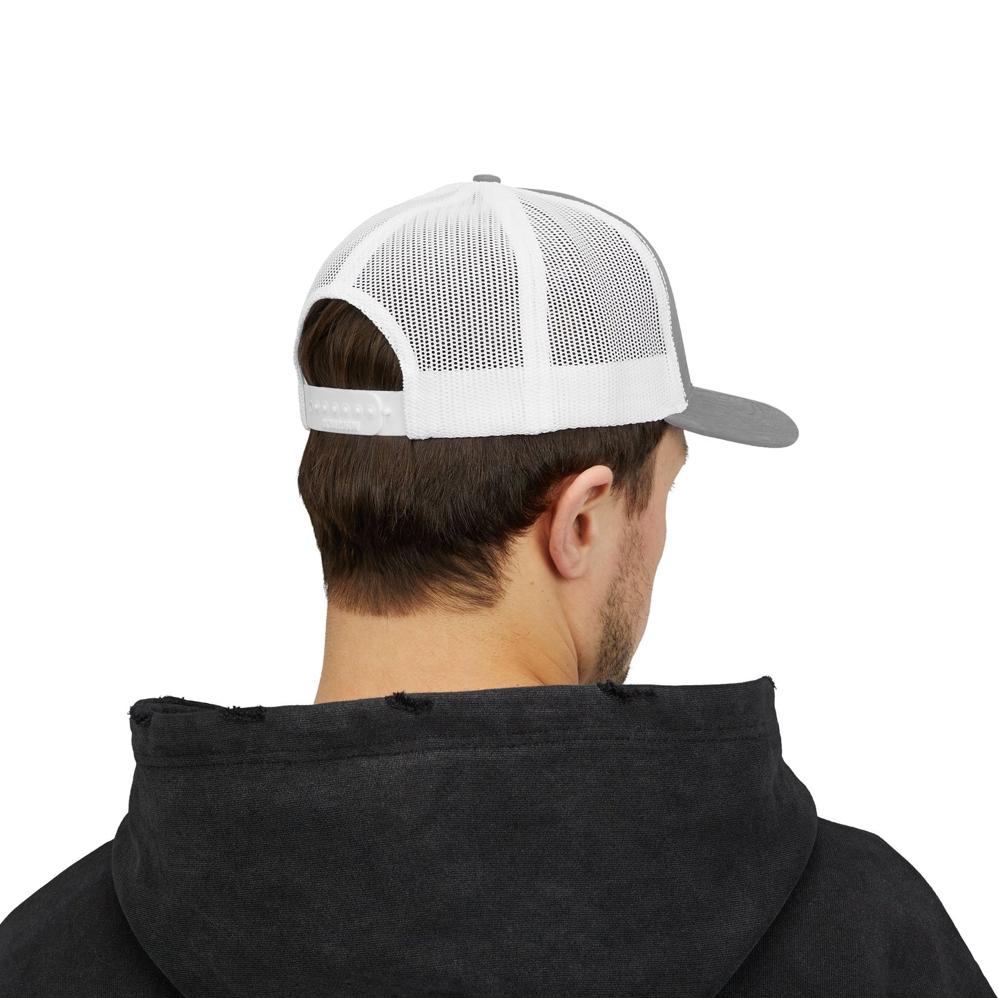 White Trucker Cap with 'Vibrate' Script Embroidery — Retro Mesh Snapback Hat