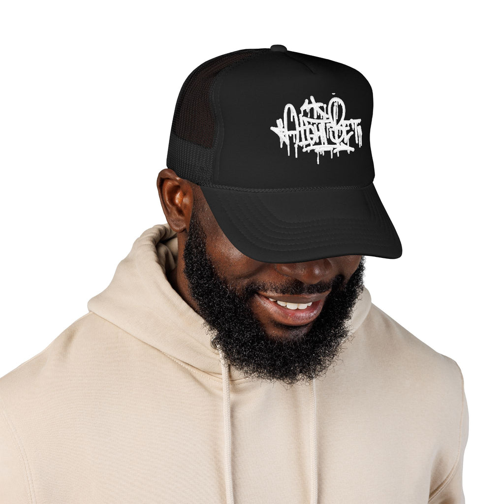 Graffiti Script Trucker Hat — White Drip Logo Foam Cap