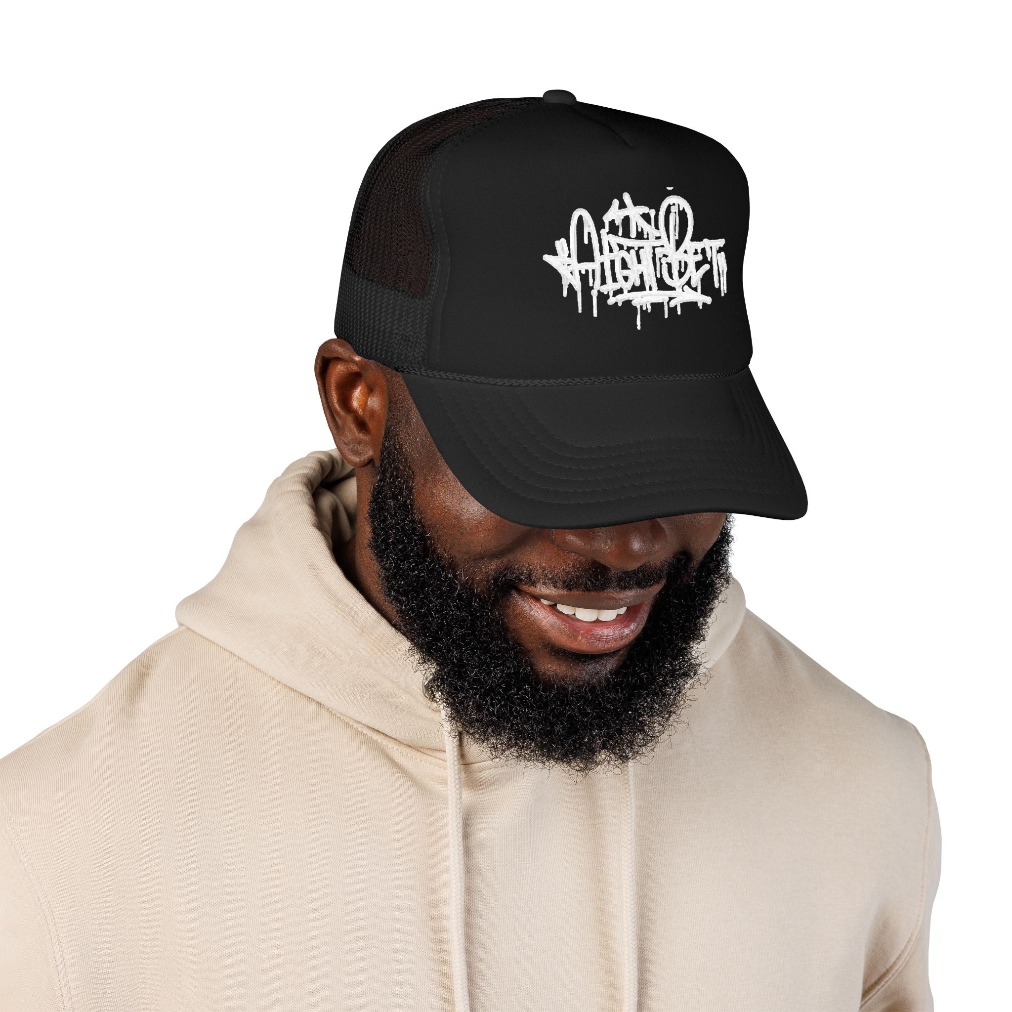 Graffiti Script Trucker Hat — White Drip Logo Foam Cap