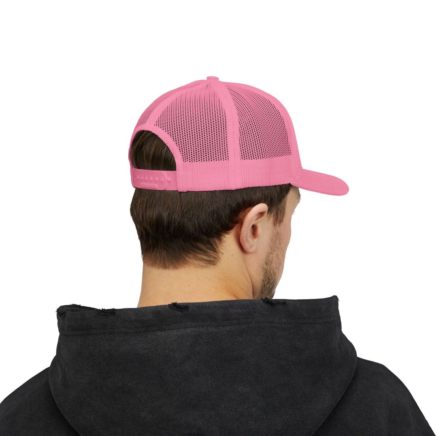 White Trucker Cap with 'Vibrate' Script Embroidery — Retro Mesh Snapback Hat