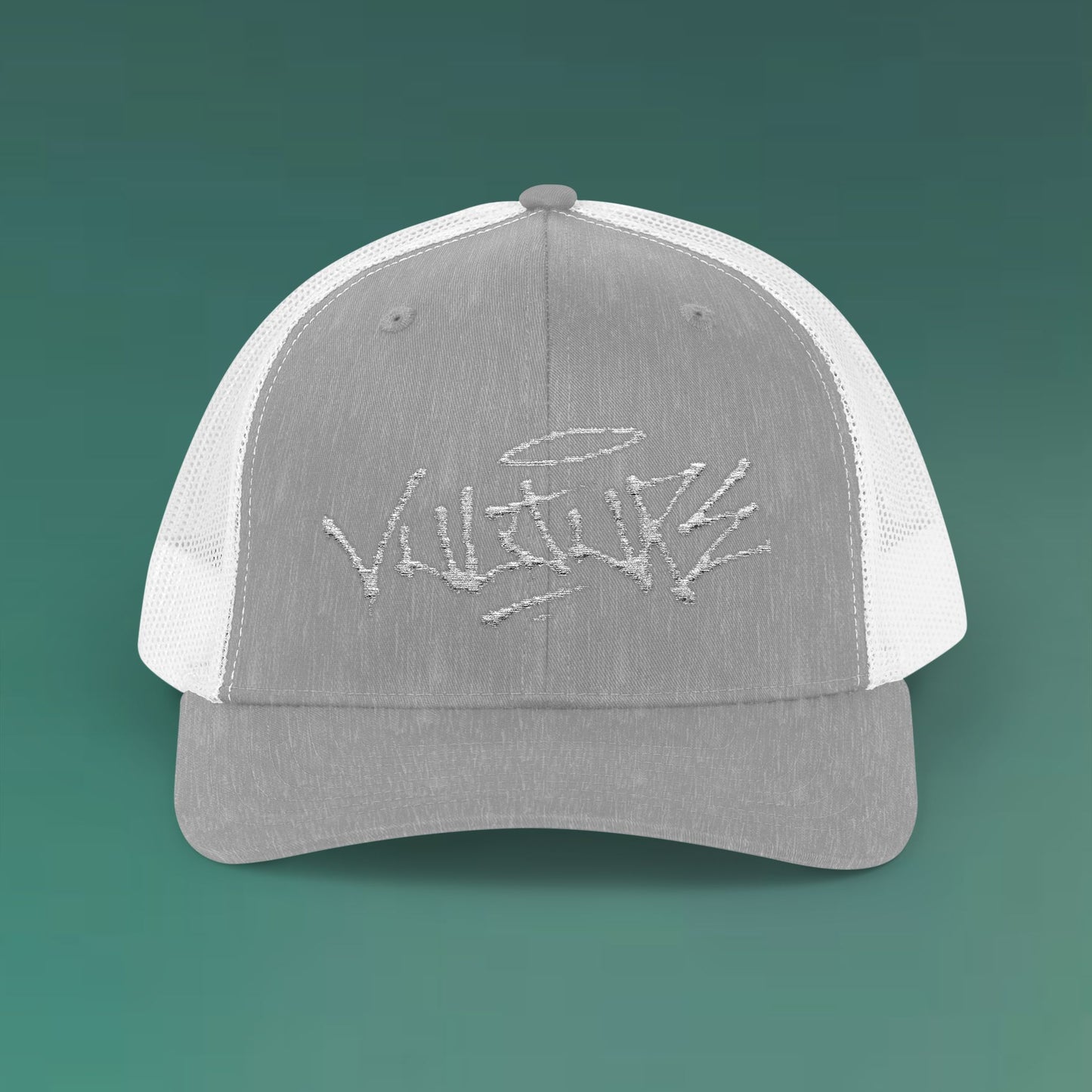 White Trucker Cap with 'Vibrate' Script Embroidery — Retro Mesh Snapback Hat