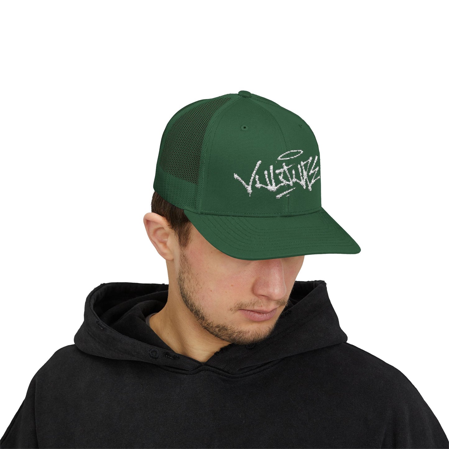 White Trucker Cap with 'Vibrate' Script Embroidery — Retro Mesh Snapback Hat