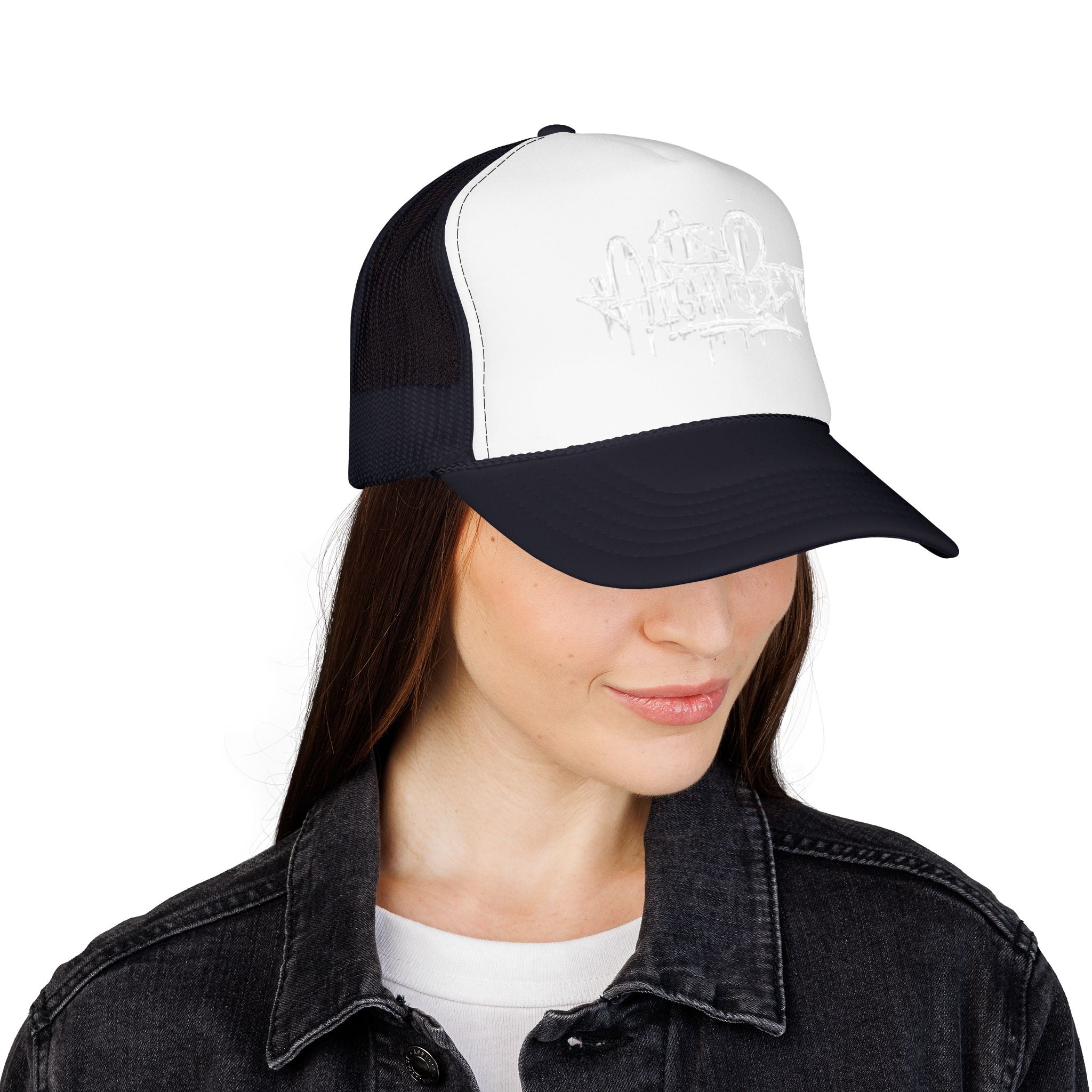 Graffiti Script Trucker Hat — White Drip Logo Foam Cap