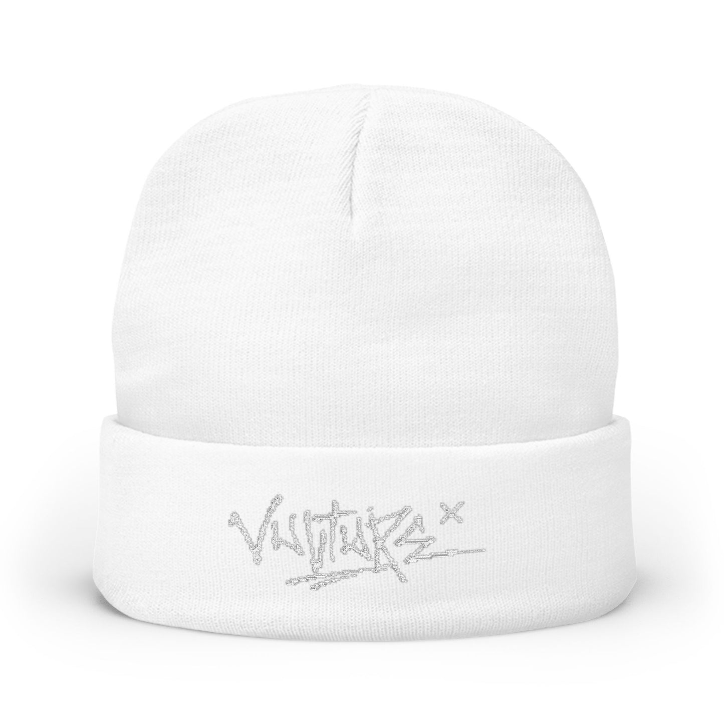 Embroidered Knit Beanie — Graffiti Logo Cuffed Winter Hat