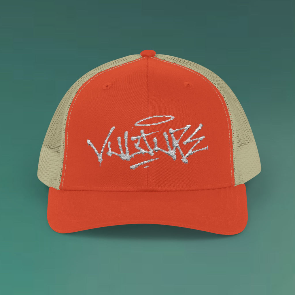 White Trucker Cap with 'Vibrate' Script Embroidery — Retro Mesh Snapback Hat