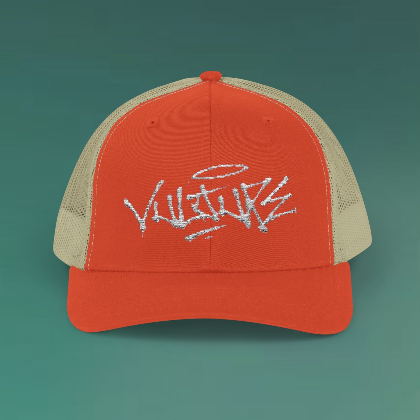 White Trucker Cap with 'Vibrate' Script Embroidery — Retro Mesh Snapback Hat