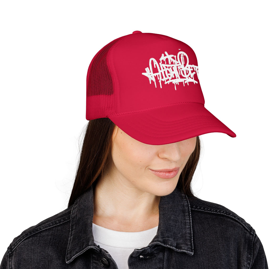 Graffiti Script Trucker Hat — White Drip Logo Foam Cap