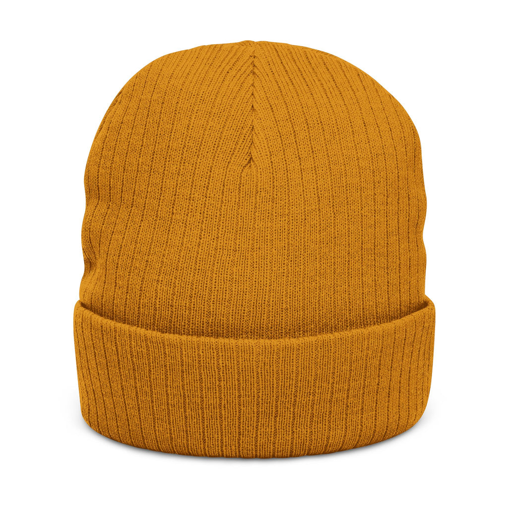 Embroidered Ribbed Beanie — Streetwear Black Knit Hat with White Graffiti Text