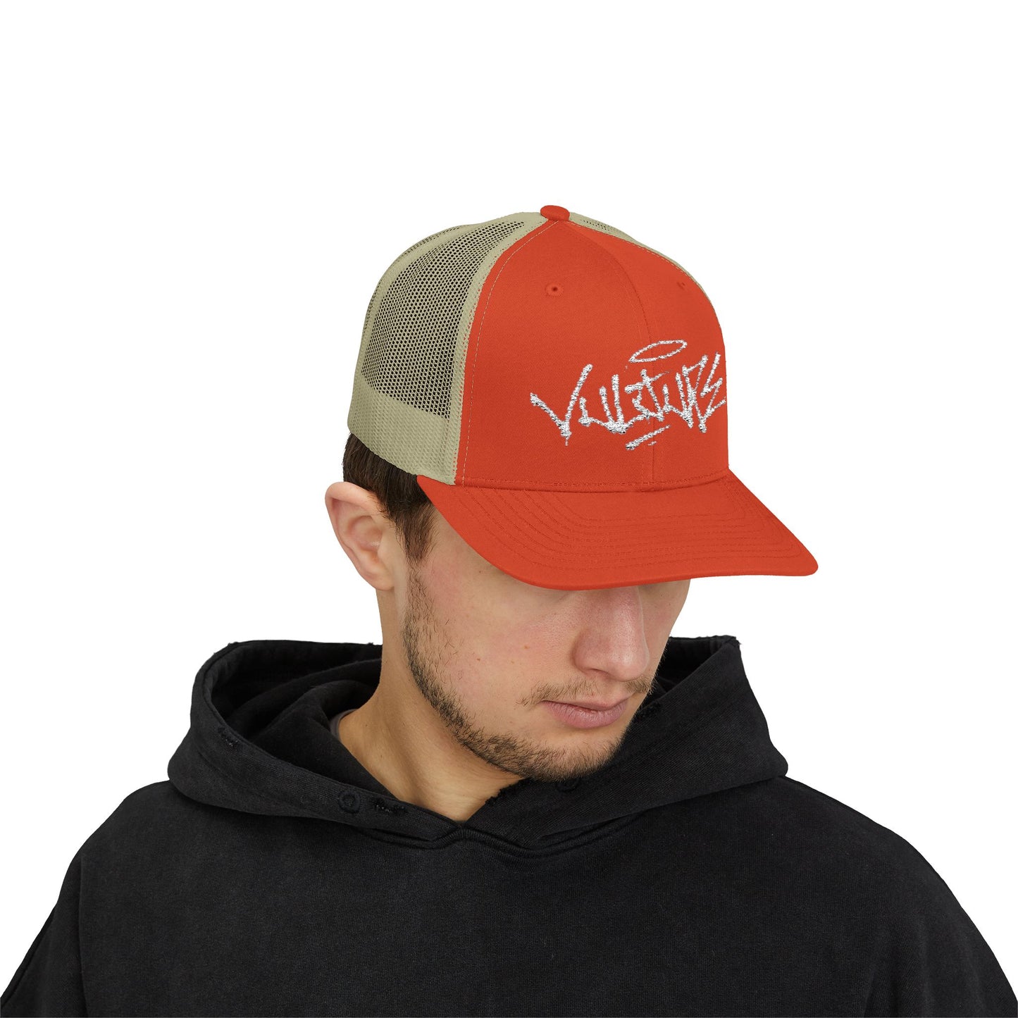 White Trucker Cap with 'Vibrate' Script Embroidery — Retro Mesh Snapback Hat