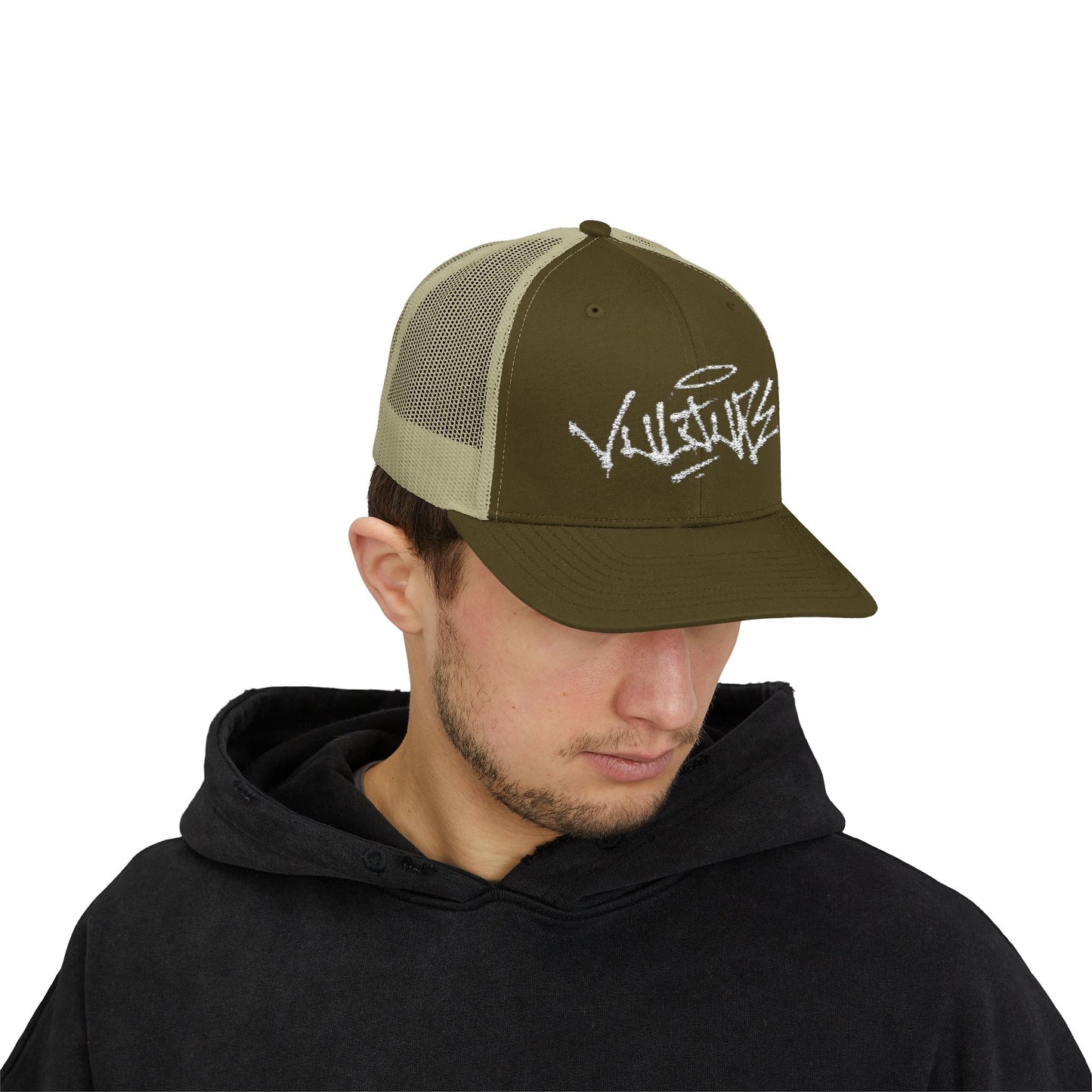 White Trucker Cap with 'Vibrate' Script Embroidery — Retro Mesh Snapback Hat