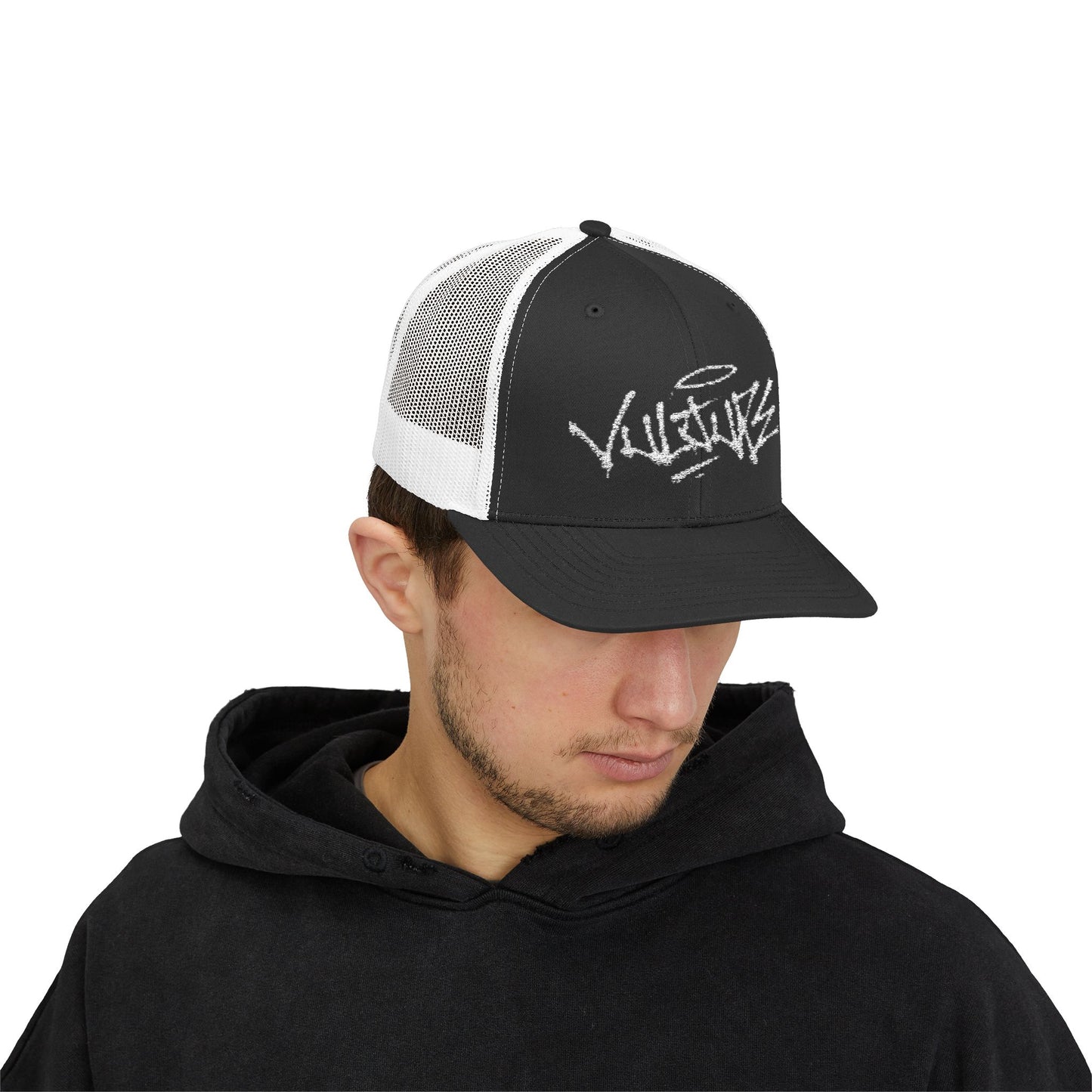 White Trucker Cap with 'Vibrate' Script Embroidery — Retro Mesh Snapback Hat