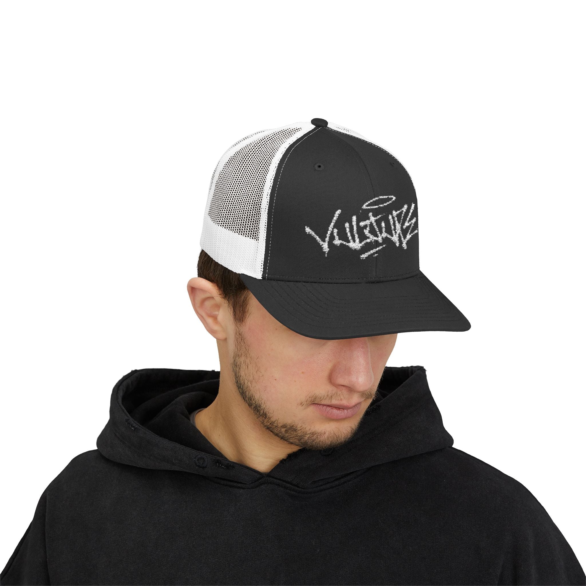White Trucker Cap with 'Vibrate' Script Embroidery — Retro Mesh Snapback Hat