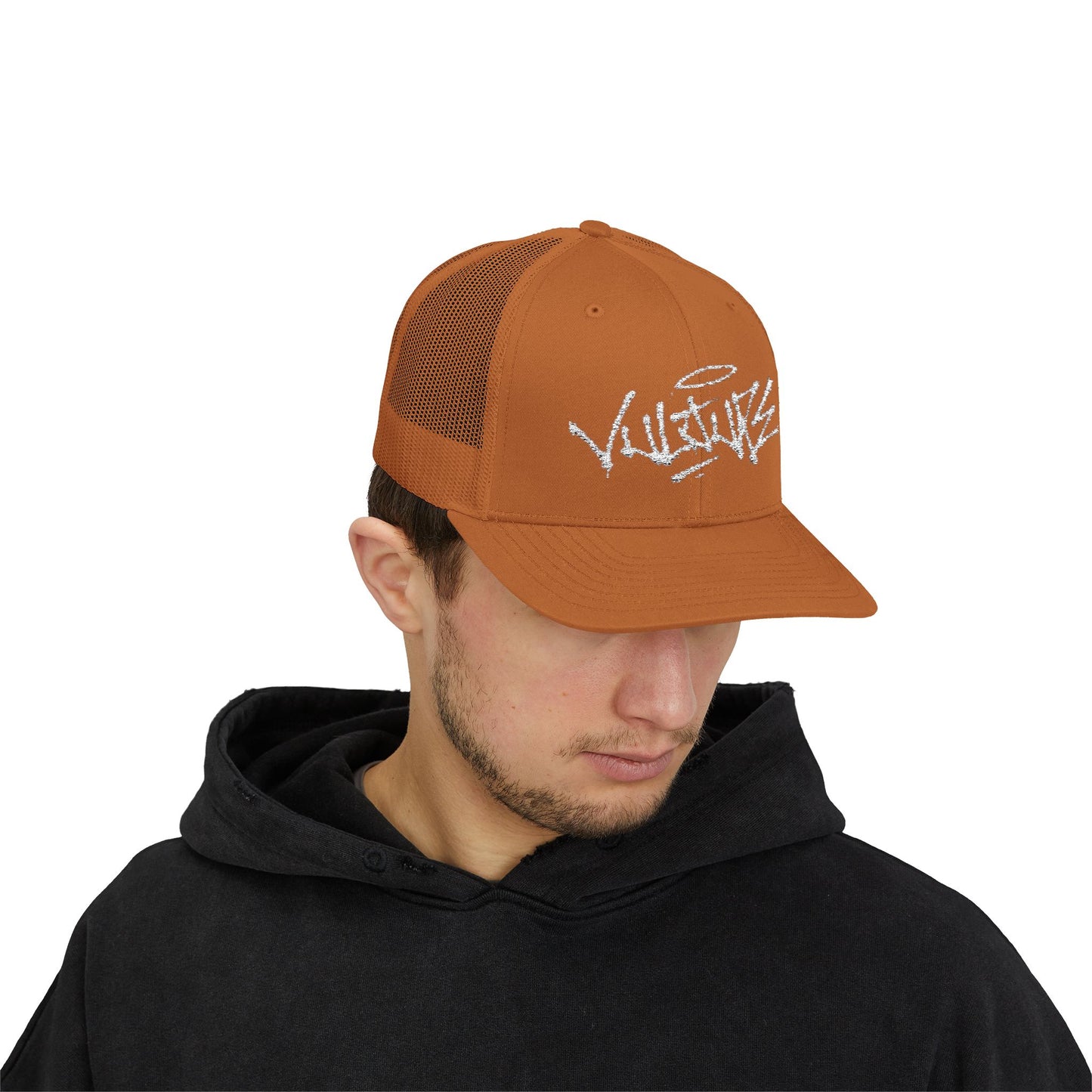 White Trucker Cap with 'Vibrate' Script Embroidery — Retro Mesh Snapback Hat