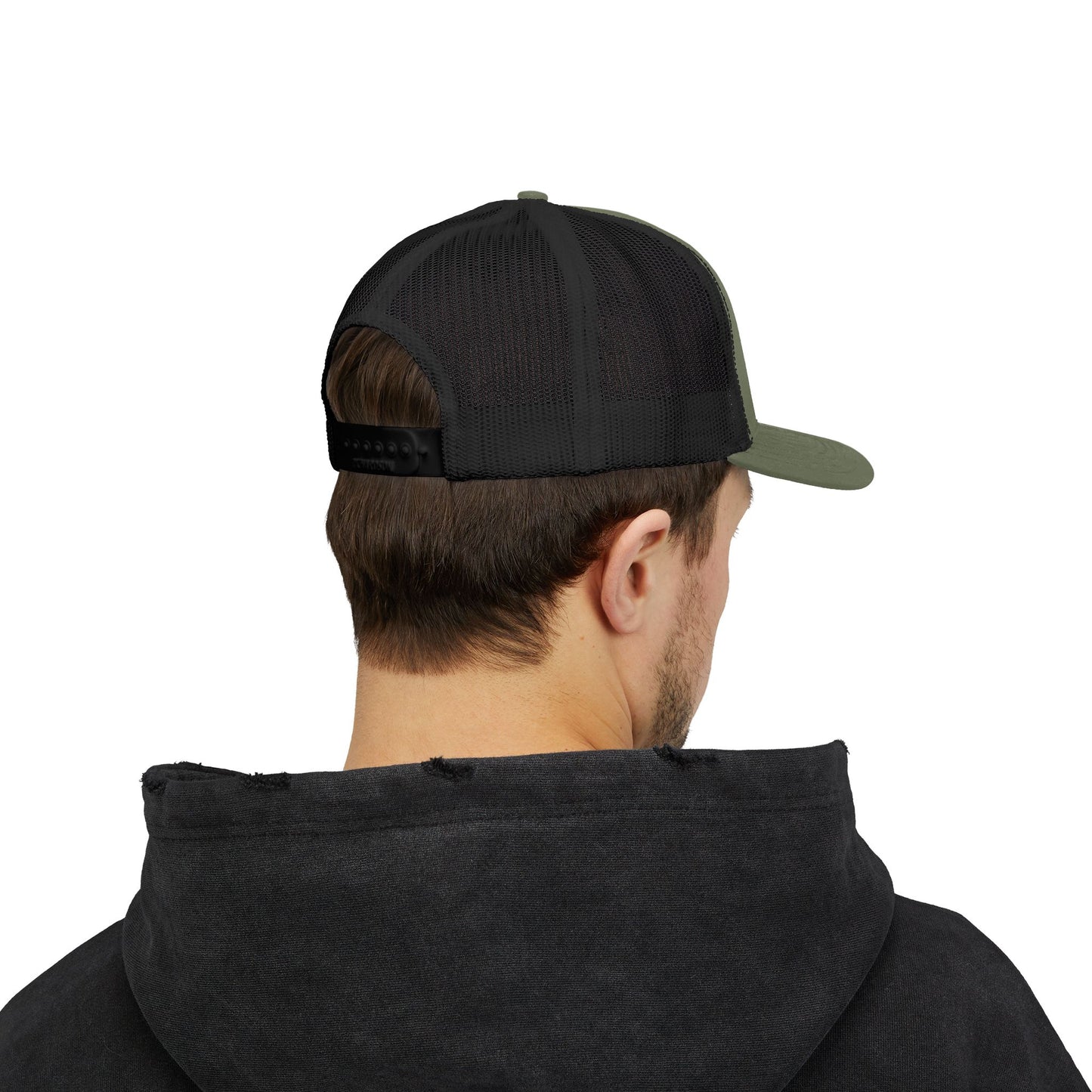 White Trucker Cap with 'Vibrate' Script Embroidery — Retro Mesh Snapback Hat