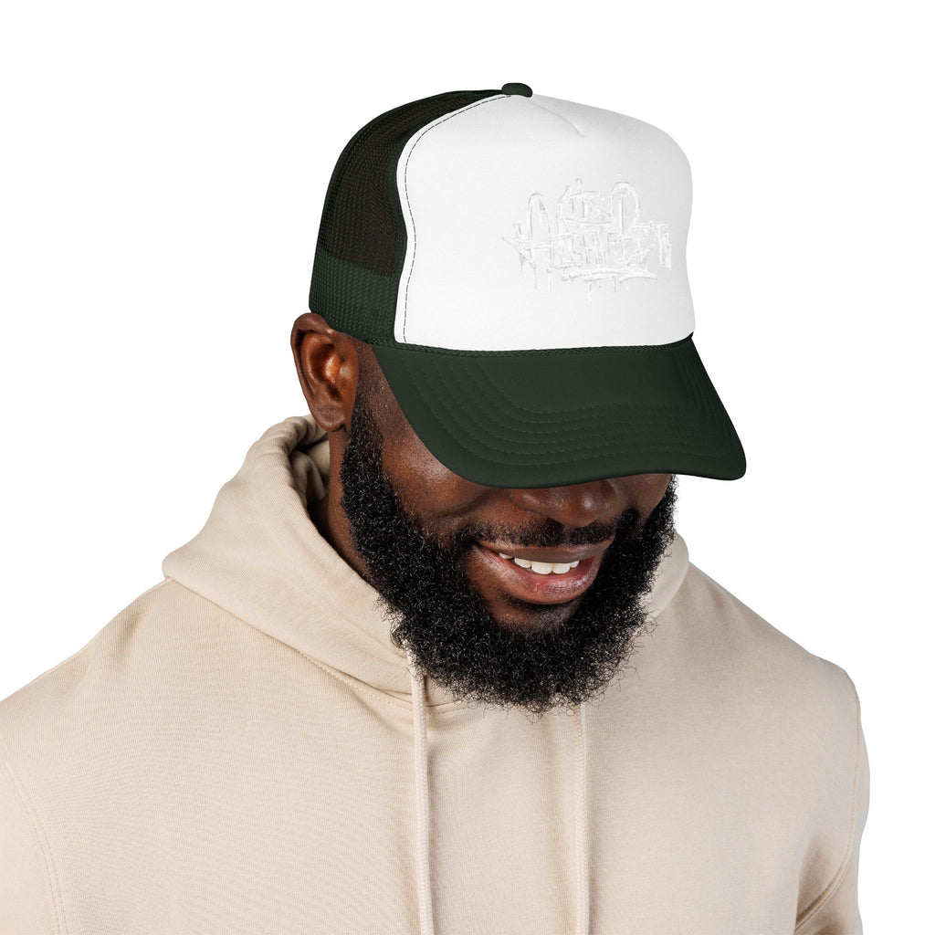 Graffiti Script Trucker Hat — White Drip Logo Foam Cap