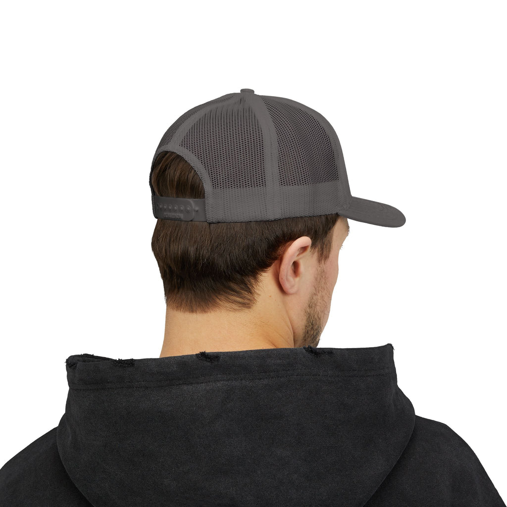 White Trucker Cap with 'Vibrate' Script Embroidery — Retro Mesh Snapback Hat
