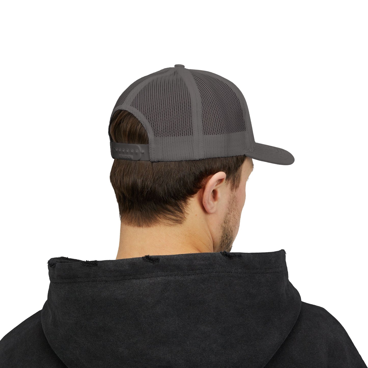 White Trucker Cap with 'Vibrate' Script Embroidery — Retro Mesh Snapback Hat