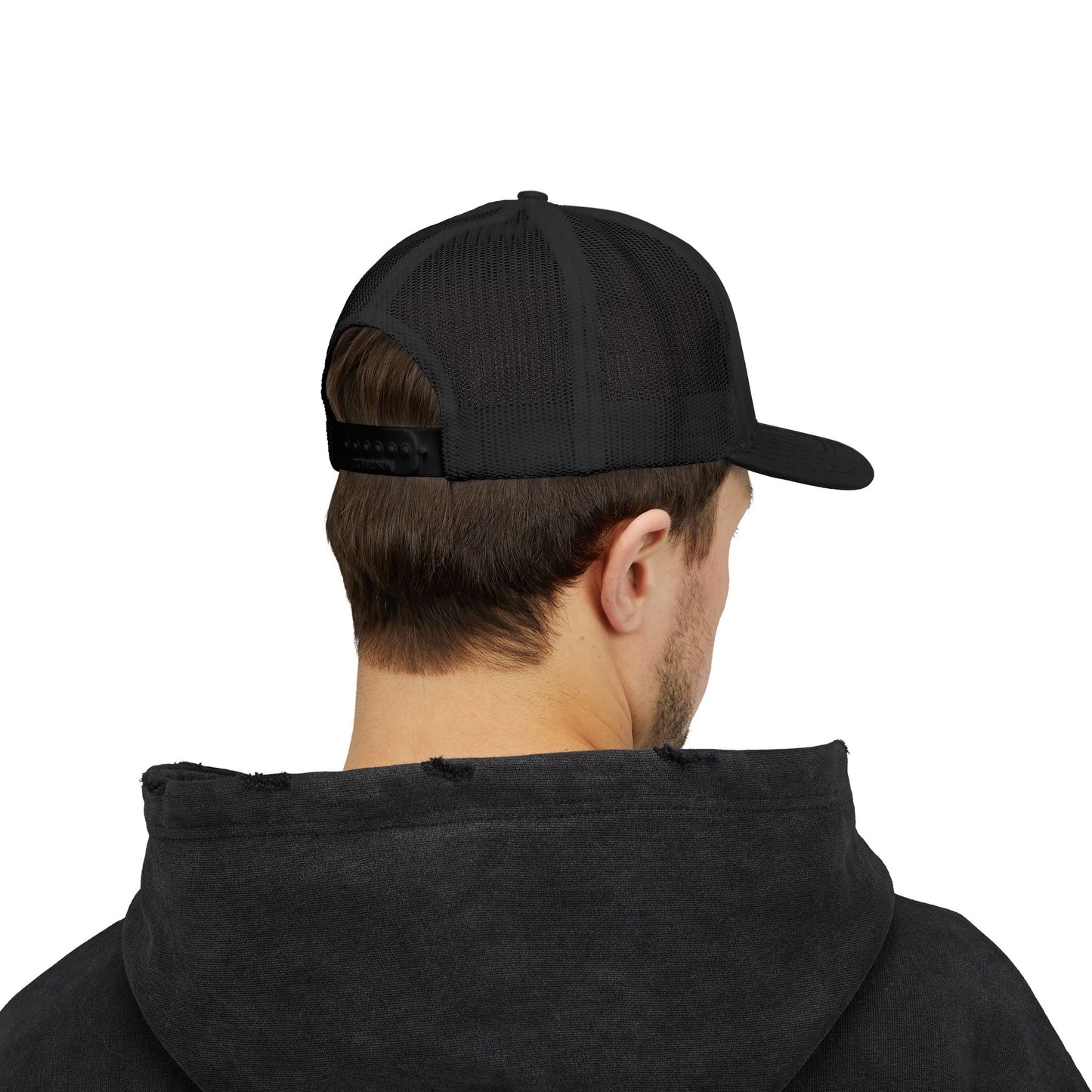 White Trucker Cap with 'Vibrate' Script Embroidery — Retro Mesh Snapback Hat