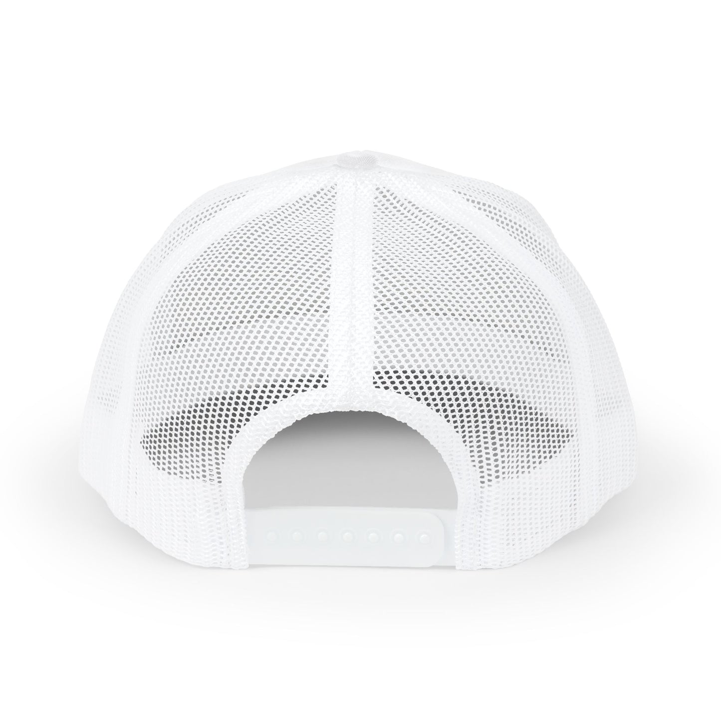 White Trucker Cap with 'Vibrate' Script Embroidery — Retro Mesh Snapback Hat