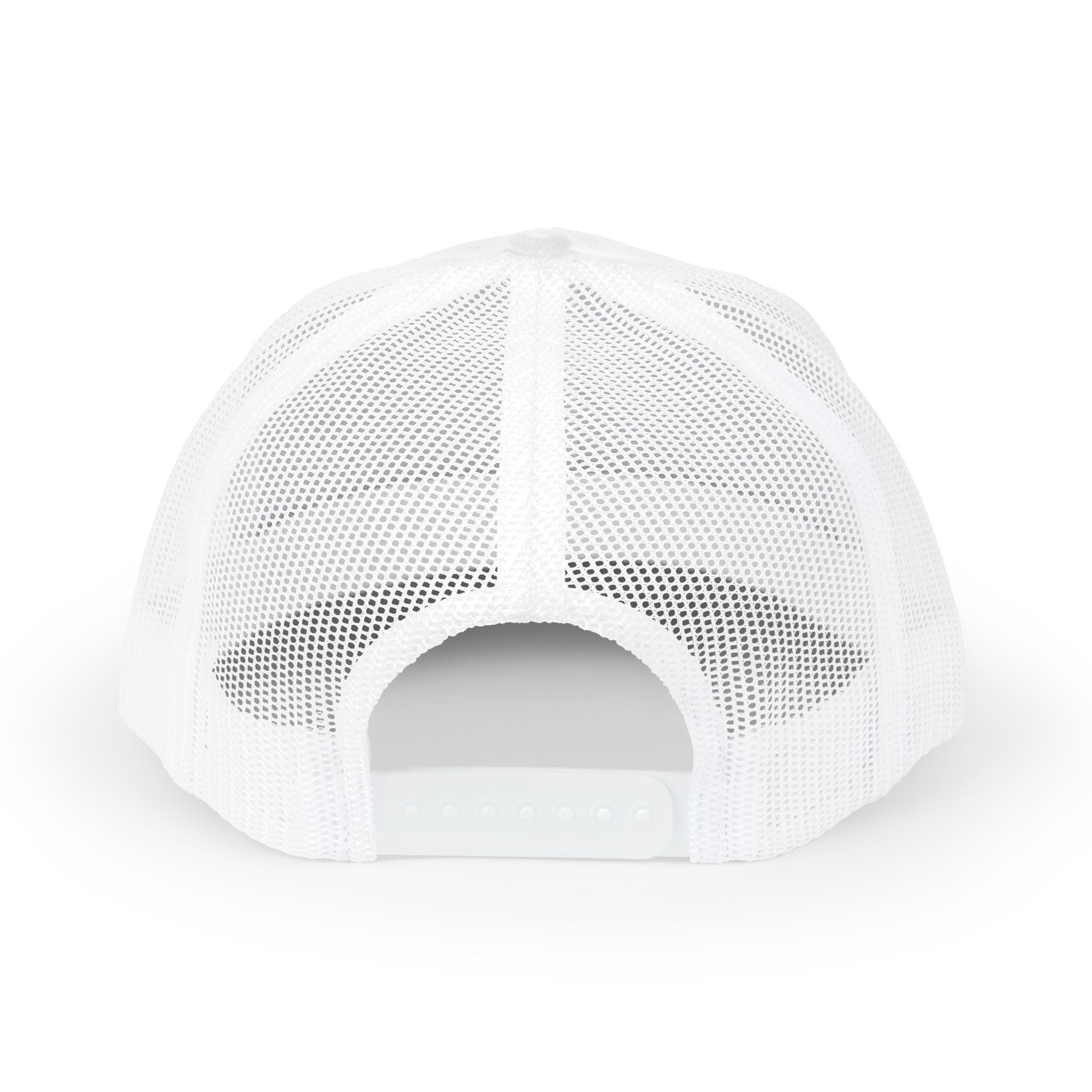 White Trucker Cap with 'Vibrate' Script Embroidery — Retro Mesh Snapback Hat