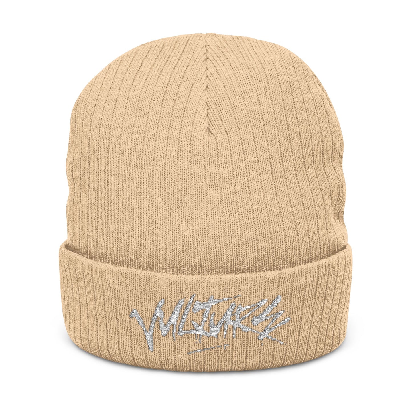 Embroidered Ribbed Beanie — Streetwear Black Knit Hat with White Graffiti Text