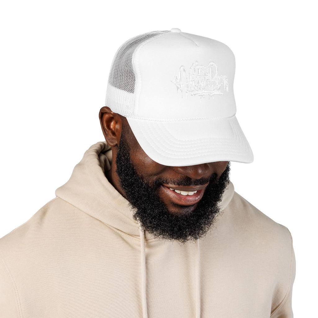 Graffiti Script Trucker Hat — White Drip Logo Foam Cap