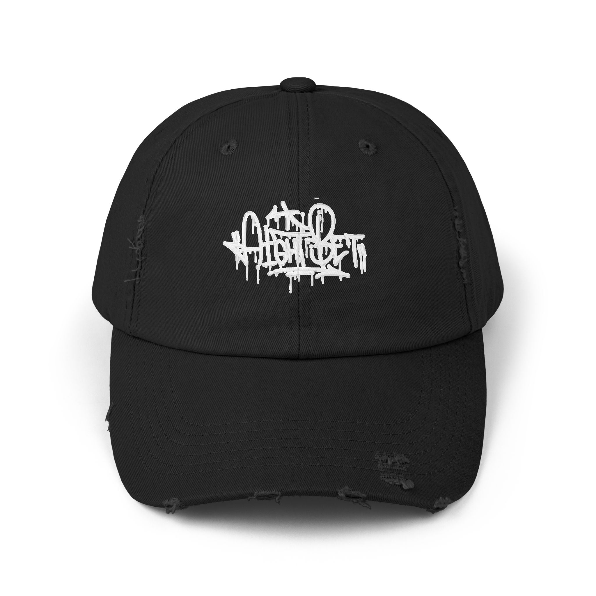 Distressed Black Cap with White Graffiti Logo – Urban Streetwear Hat
