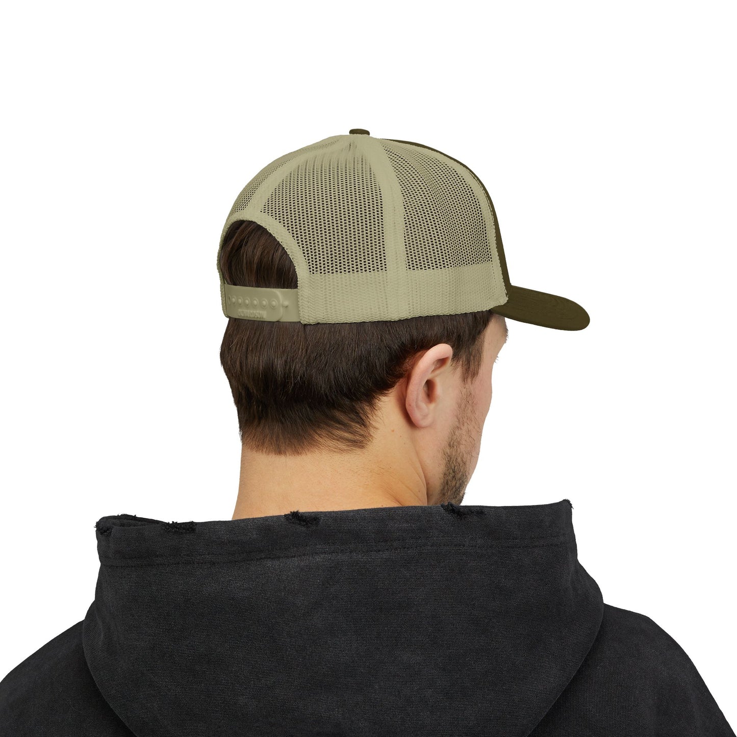 White Trucker Cap with 'Vibrate' Script Embroidery — Retro Mesh Snapback Hat
