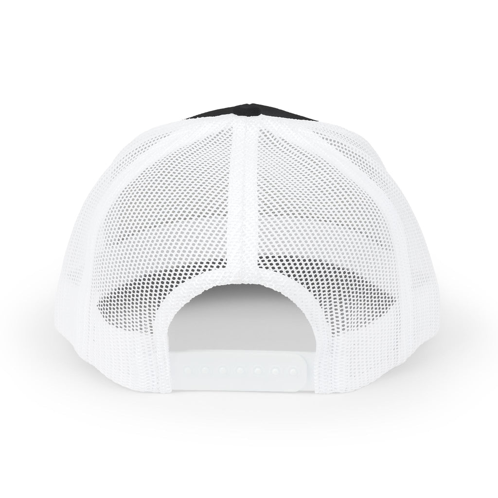 White Trucker Cap with 'Vibrate' Script Embroidery — Retro Mesh Snapback Hat