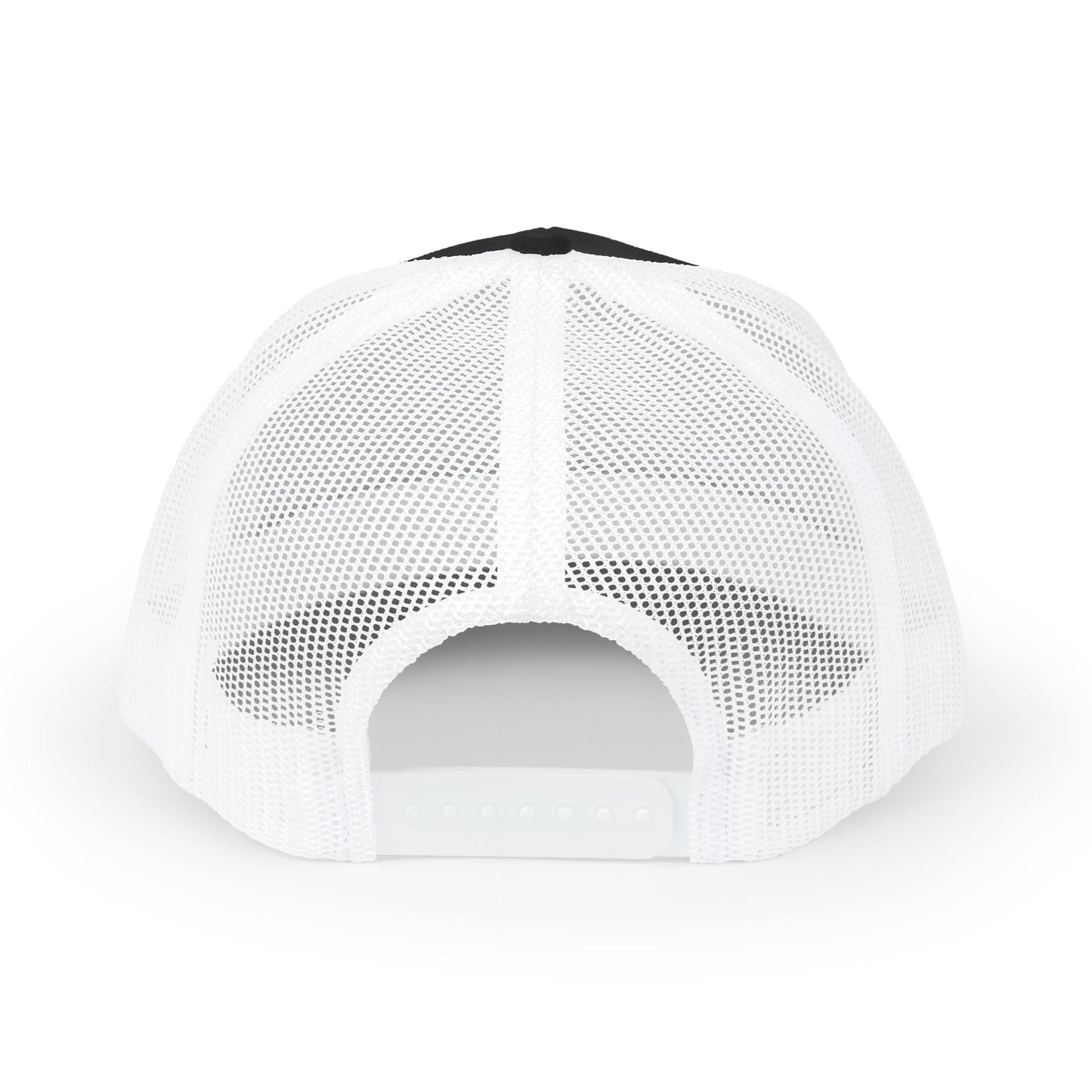 White Trucker Cap with 'Vibrate' Script Embroidery — Retro Mesh Snapback Hat