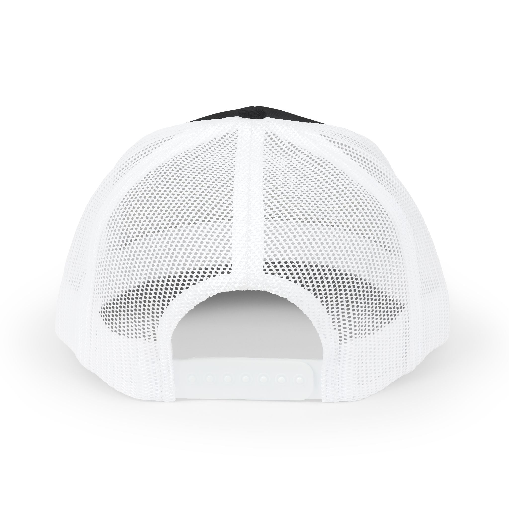White Trucker Cap with 'Vibrate' Script Embroidery — Retro Mesh Snapback Hat