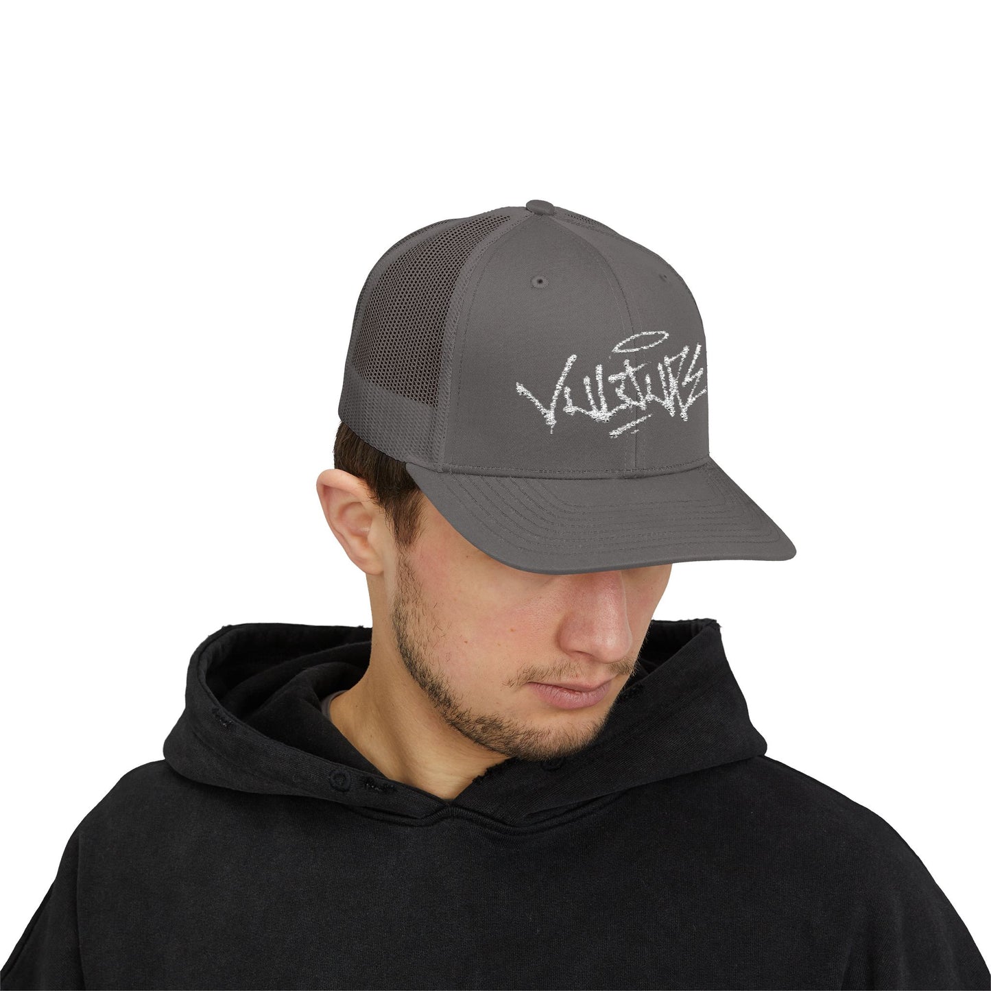 White Trucker Cap with 'Vibrate' Script Embroidery — Retro Mesh Snapback Hat