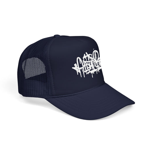 Graffiti Script Trucker Hat — White Drip Logo Foam Cap