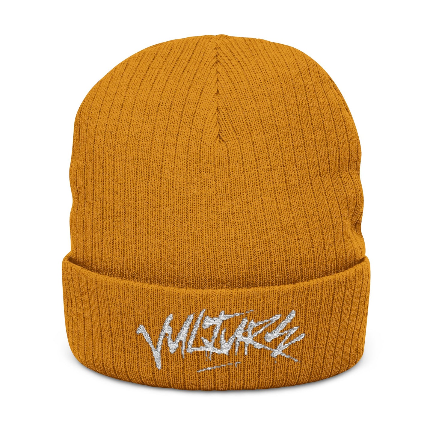Embroidered Ribbed Beanie — Streetwear Black Knit Hat with White Graffiti Text