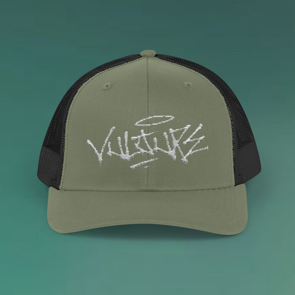 White Trucker Cap with 'Vibrate' Script Embroidery — Retro Mesh Snapback Hat