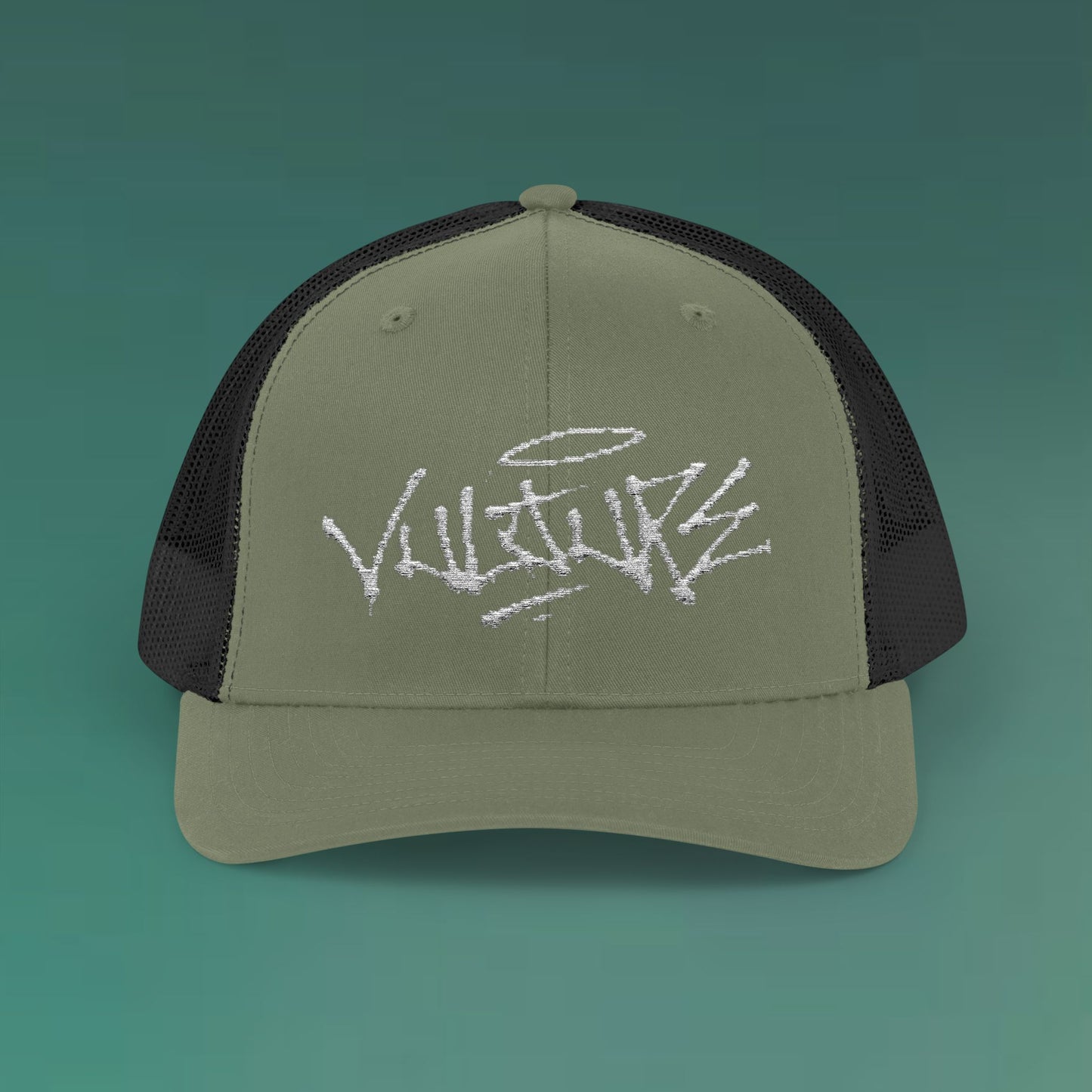 White Trucker Cap with 'Vibrate' Script Embroidery — Retro Mesh Snapback Hat
