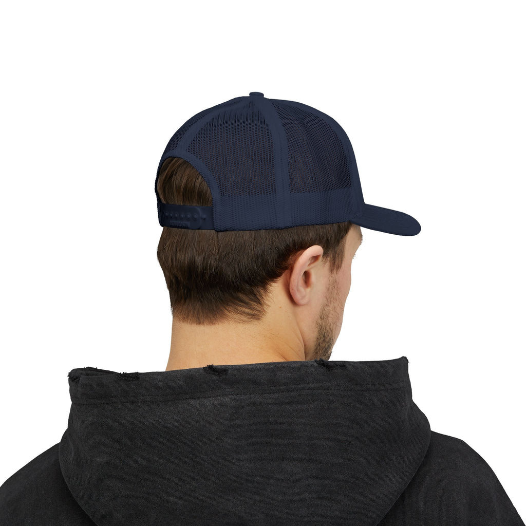 White Trucker Cap with 'Vibrate' Script Embroidery — Retro Mesh Snapback Hat