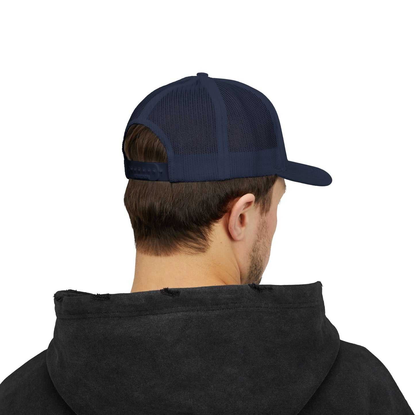 White Trucker Cap with 'Vibrate' Script Embroidery — Retro Mesh Snapback Hat