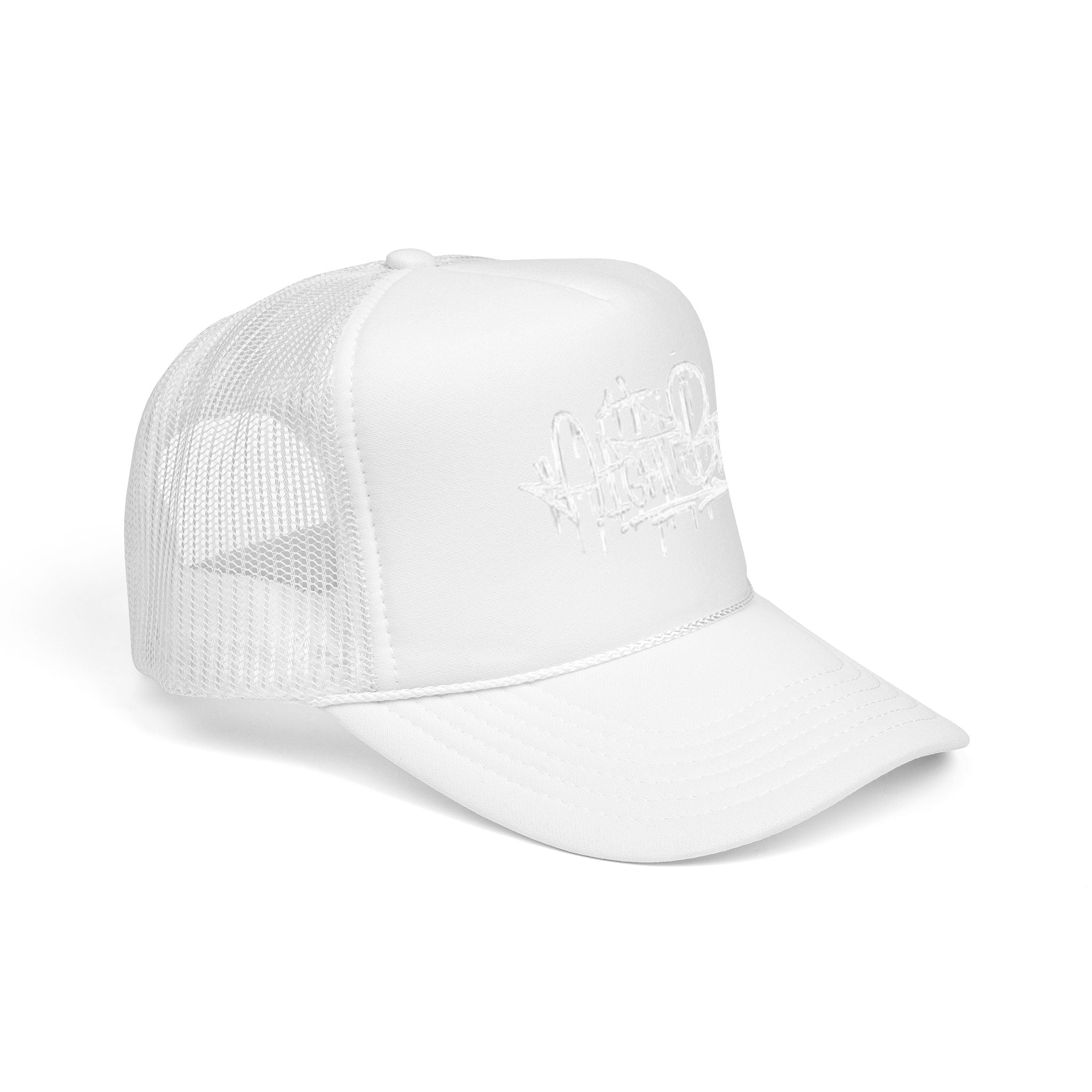 Graffiti Script Trucker Hat — White Drip Logo Foam Cap