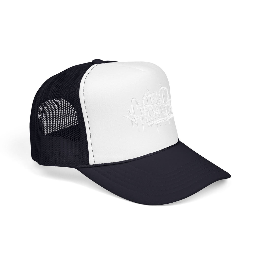 Graffiti Script Trucker Hat — White Drip Logo Foam Cap