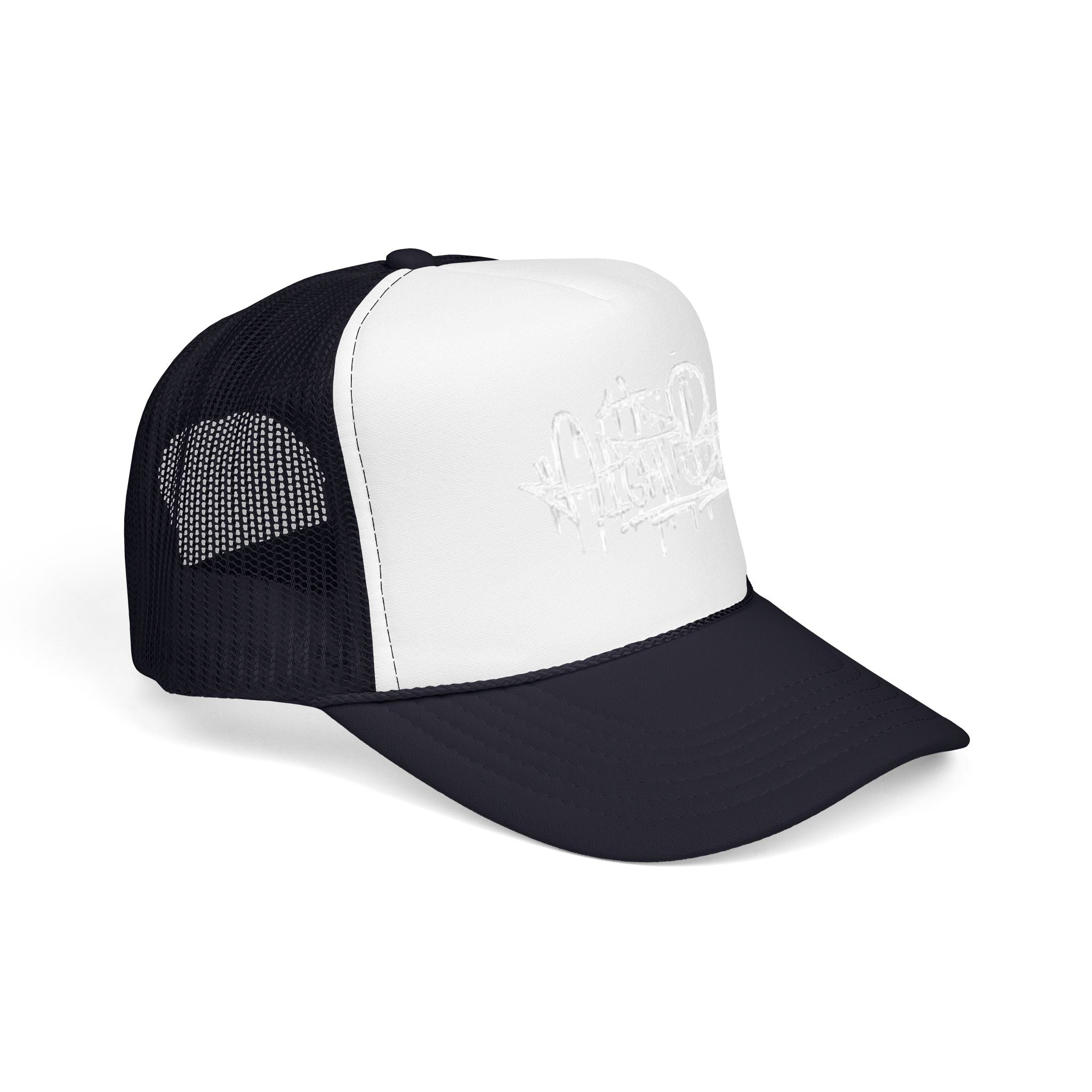 Graffiti Script Trucker Hat — White Drip Logo Foam Cap