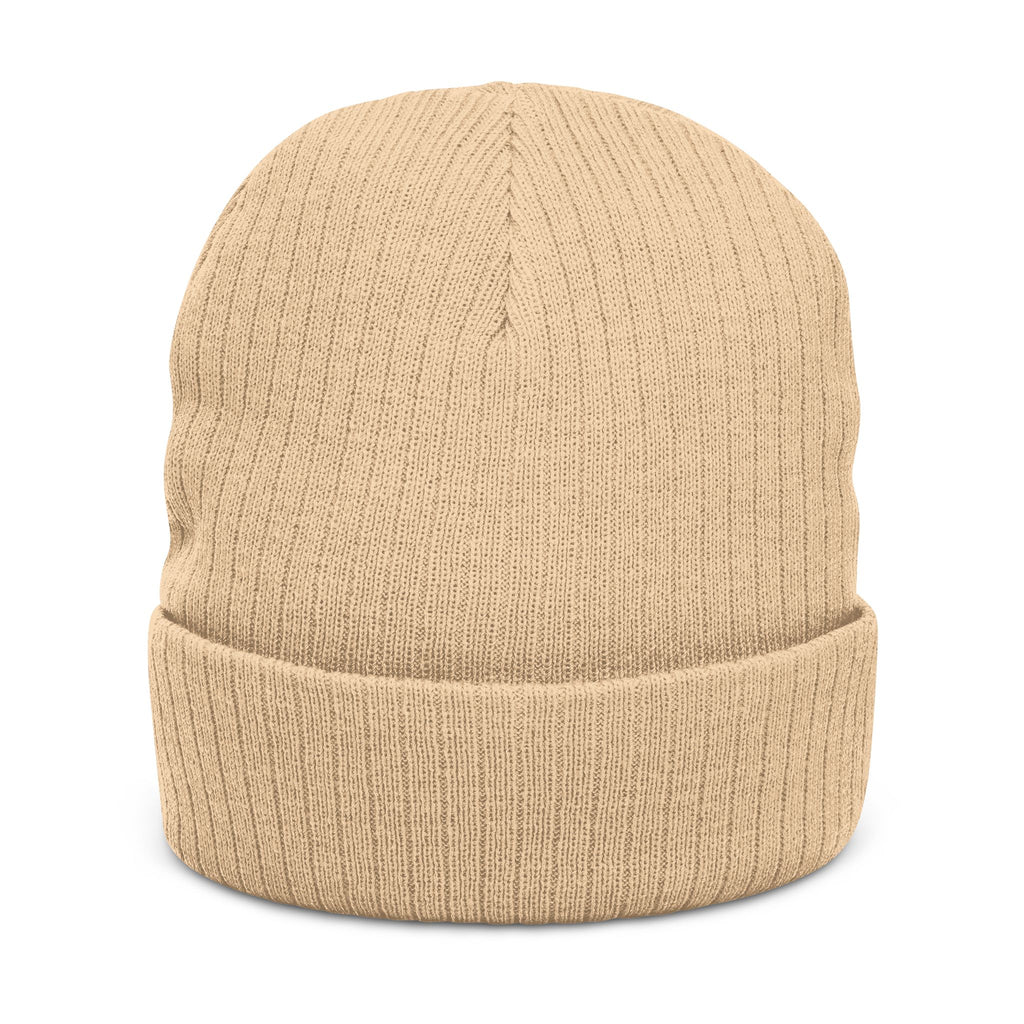 Embroidered Ribbed Beanie — Streetwear Black Knit Hat with White Graffiti Text