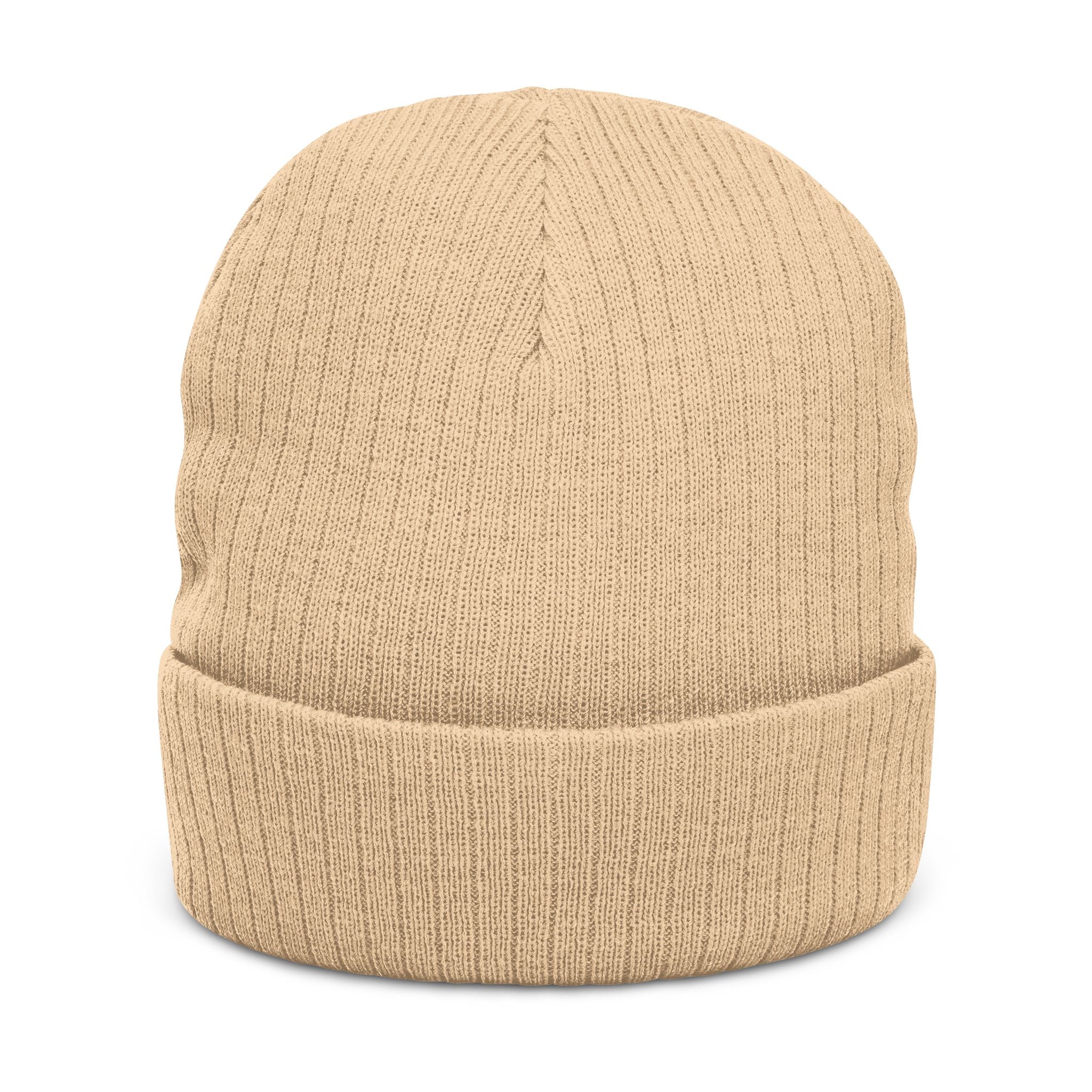 Embroidered Ribbed Beanie — Streetwear Black Knit Hat with White Graffiti Text