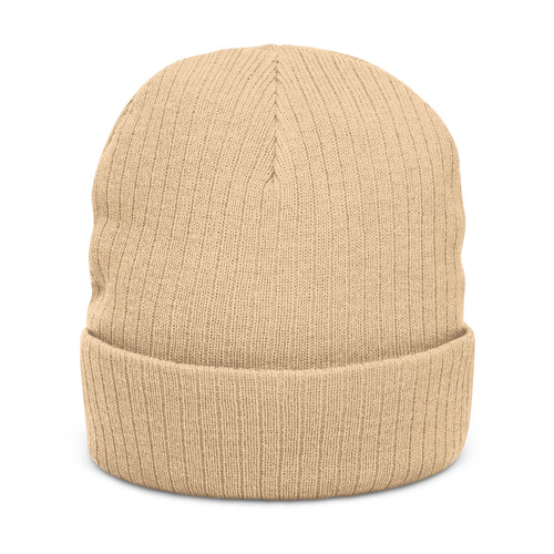 Embroidered Ribbed Beanie — Streetwear Black Knit Hat with White Graffiti Text